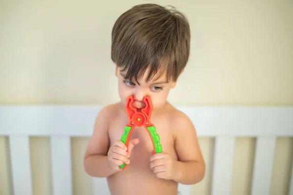 Cute baby boy toddler - in the crib - toy pliers on the nose