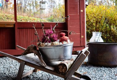 Bir dahaki sefere eski bir çinko küvette funda ve dallarla sonbahar süslemesi.