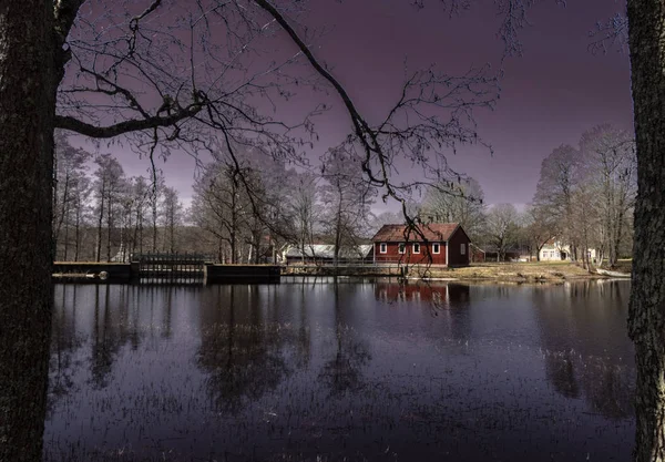 spooky Halloween mood with mystical light on a lonely lake with