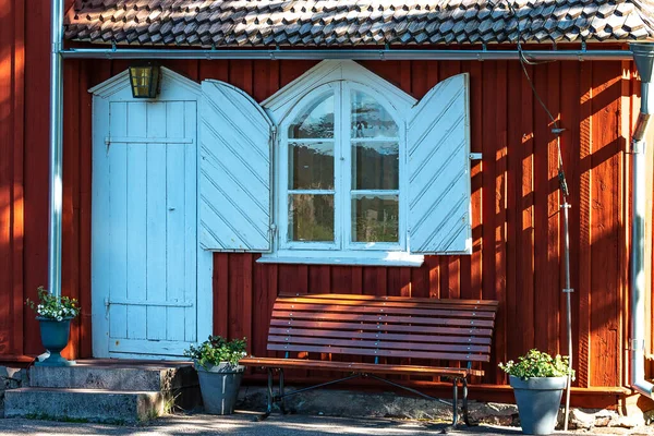 Part Typical Swedish Red Wooden House White Door Window Front — Stock Photo, Image