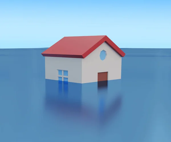 Rumah Banjir Dengan Air Yang Naik Rendering — Stok Foto