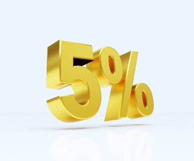 % 5 altın, beyaz arka planda izole edilmiş, 3 boyutlu resimleme