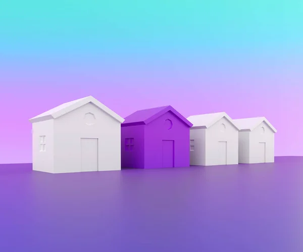 purple house and white houses, futuristic town block abstract, 3d illustration