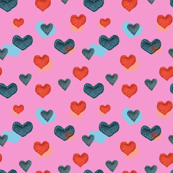 Seamless Pattern Multicolored Fabric Denim Hearts Handmade Hearts Made Denim — Stock Photo, Image