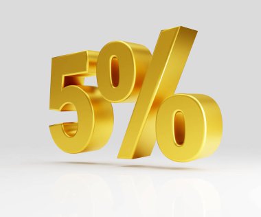 % 5 altın, beyaz arka planda izole edilmiş, 3 boyutlu resimleme