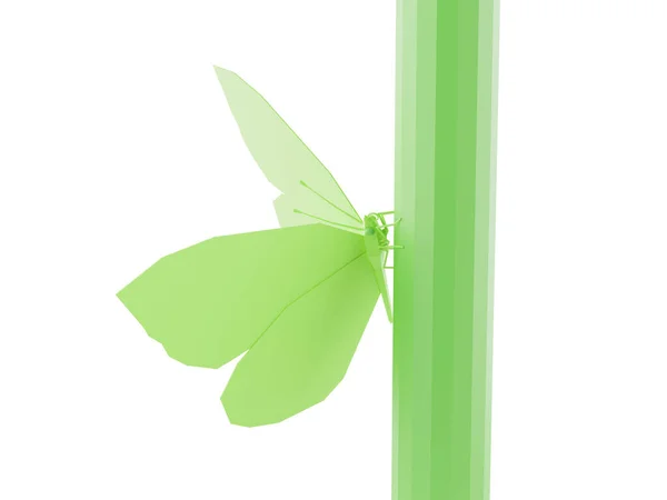 低矮的波莉风格的绿蝴蝶被隔离 蝴蝶坐在一根茎上 3D说明 — 图库照片