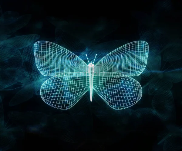 Çizgilerden oluşan soyut yeşil neon çokgen kelebek. Tel çerçeve teknoloji yapısı. Parlak çokgen geometrik yapı. Web sitesi, poster, pankart ve duvar kağıdı için. 3d illüstrasyon