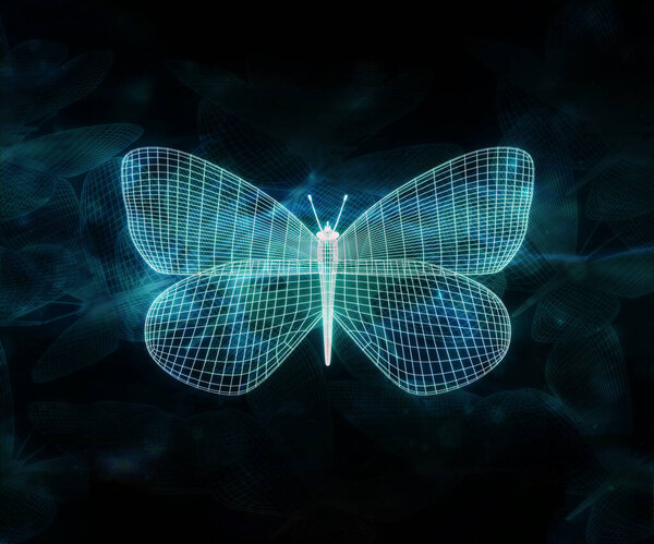 Абстрактная зеленая неоновая многоугольная бабочка, состоящая из линий. Технология Wireframe. Светящаяся многоугольная геометрическая структура. Для сайта, плаката, открытки и обоев. 3d иллюстрация
