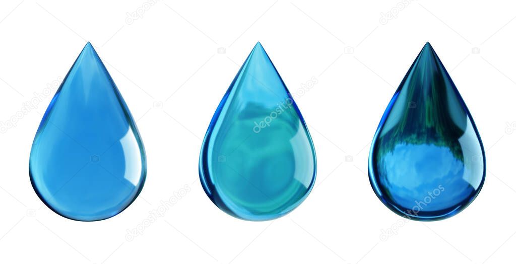 Water drops isolated on white. Drop with reflection. Ecology symbol. 3D illustration
