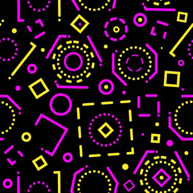 Siyah zemin üzerinde mor-sarı geometrik şekiller ve çizgiler olan soyut bir arkaplan. Parmak izleri için asgari pürüzsüz şablon kapağı tasarımı