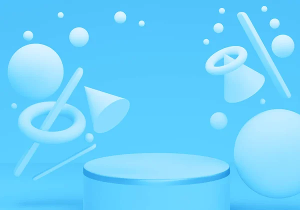 Mavi arka planda geometrik şekilli sahne podyumu. Boş ürün standı, maket yap. 3d illüstrasyon