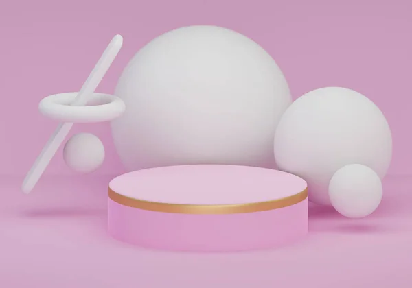 Pembe arka planda geometrik şekilli sahne podyumu. Boş ürün standı, maket yap. 3d illüstrasyon