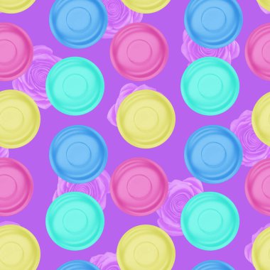 Masa örtüsü üzerine renkli yemek tabakları, kusursuz desenler, tatil için masayı hazırla, yukarıdan görüş. 3d hazırlayıcı