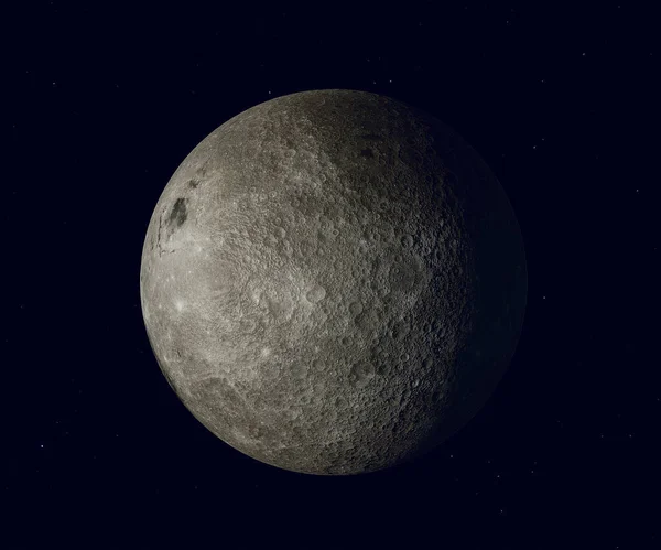 Ayın ters tarafı. Dolunay karanlık gece gökyüzü arka planında izole edildi. Kraterler ve yüzey detayları görülebilir, harita NASA tarafından sağlandı. 3d illüstrasyon