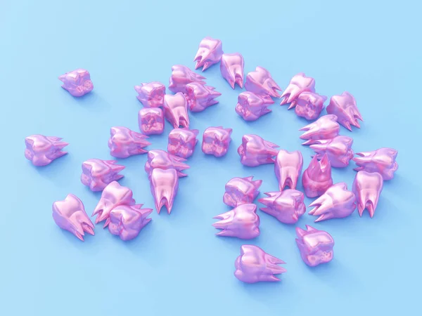Mavi Parlak Arka Planda Pembe Azı Dişleri Minimum Diş Bakımı — Stok fotoğraf