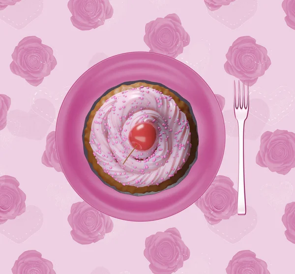 ピンクのアイシングがトッピングされたおいしいカップケーキとチェリー 子供パーティーの食べ物 パーティーのお祝いの準備ができています プレート上のカップケーキ トップビュー 3Dレンダリング — ストック写真