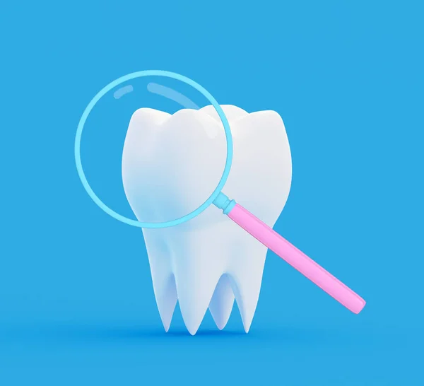 虫眼鏡の下の歯 歯疾患の概念の研究と診断 3Dイラスト — ストック写真