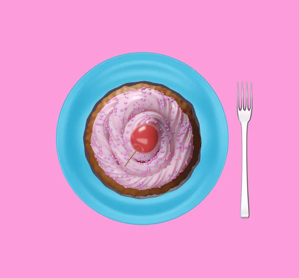 Cupcake Lezat Dengan Icing Merah Muda Atas Dan Ceri Siap — Stok Foto