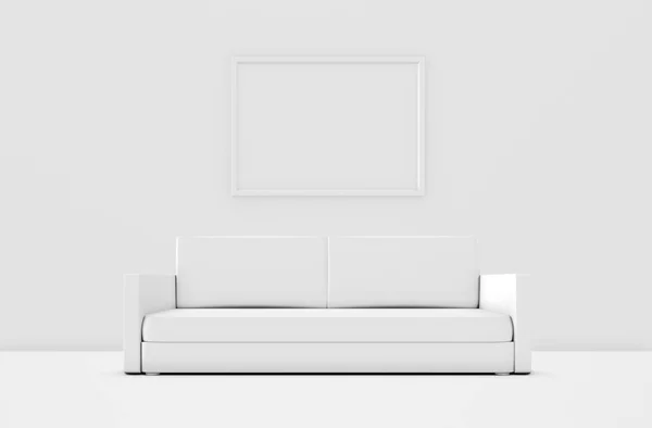 Bílý Minimalistický Obývací Pokoj Pohovkou Velkým Rámem Ilustrace — Stock fotografie