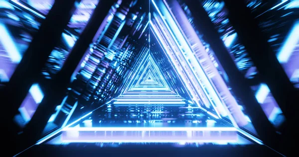 三角形 蛍光紫外光 カラフルなレーザーネオンライン 幾何学的な無限のトンネル 青のスペクトル 3Dイラストを持つ抽象未来的な廊下 — ストック写真