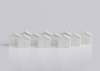 Şehir merkezi gökyüzü çizgisi. Şehrin soyut silueti. Gri, basit tasarım gölgeli binaların ana hatları. Beyaz arka planda 3D çizimler.