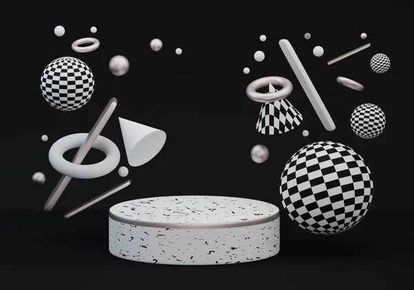 Siyah arkaplanda geometrik kareli şekilli sahne podyumu sahnesi. Siyah-beyaz boş ürün standı, maket yap. 3d illüstrasyon