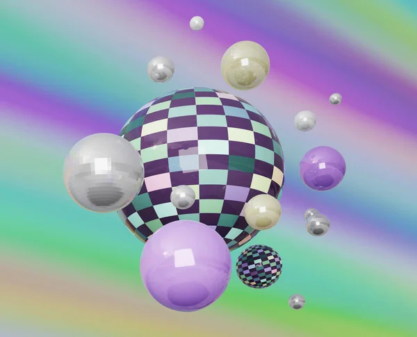 Glossy checkered and metal spheres on multicolored background, pearl sphere. 3d illustration