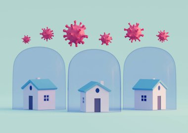Şeffaf cam kubbe ve virüs hücreleri altındaki evler. Evde kal konsepti. Coronavirus koruması. Karantina, tecrit. 3d hazırlayıcı