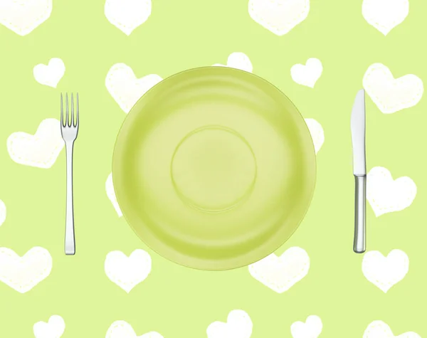 黄色いハートのテーブルクロスに黄色い空のランチプレート 上からの眺め バレンタインデーや母の日 3Dレンダリング — ストック写真
