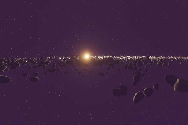 Banyak Asteroid Atau Meteorit Cakrawala Ruang Angkasa Dengan Matahari Render — Stok Foto