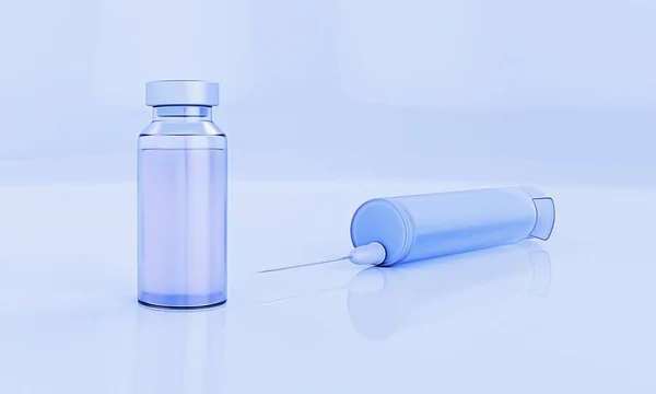 Flacon Plastic Medische Spuit Met Naald Tafel Vaccinatieconcept Injectie Renderen — Stockfoto
