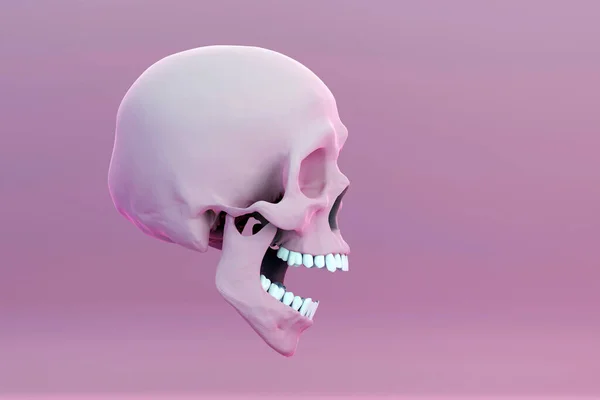 Pink Skull Open Jaw Surprise Pink Background Side View Render — Stock Photo, Image