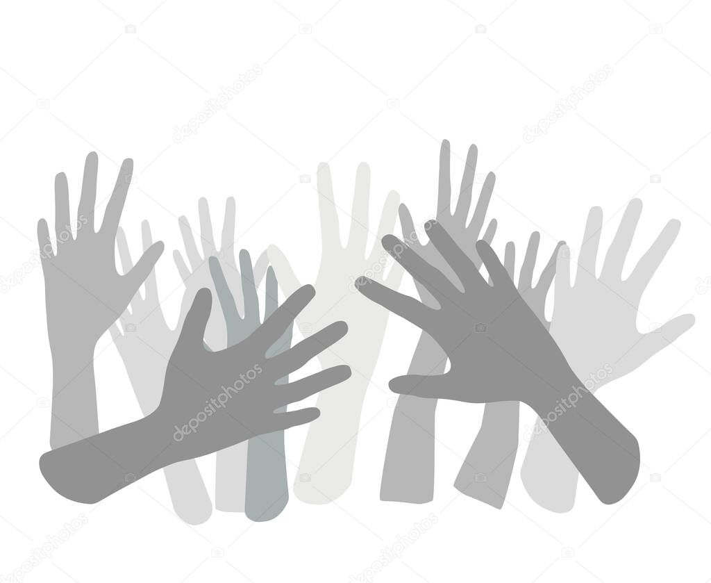 Many gray zombie hands reach up, isolated lot of hands raised up, halloween