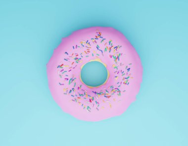 Pembe jöleli donut, mavi arka planda tatlı donut, 3D render