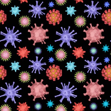 Farklı virüslerin kusursuz babaları, koronavirüsler, uçuklar. Biyolojik organizmalar arka plan. Siyah arka planda birçok çeşit virüs var. 3d hazırlayıcı