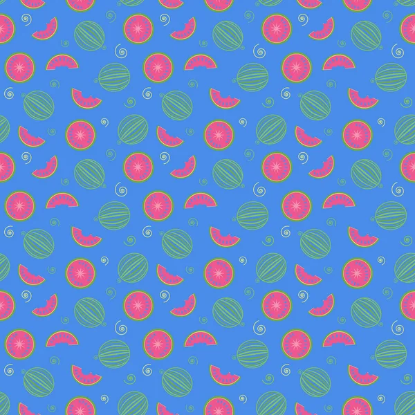 Whole watermelons and slices on blue background, seamless pattern — Stock Photo, Image