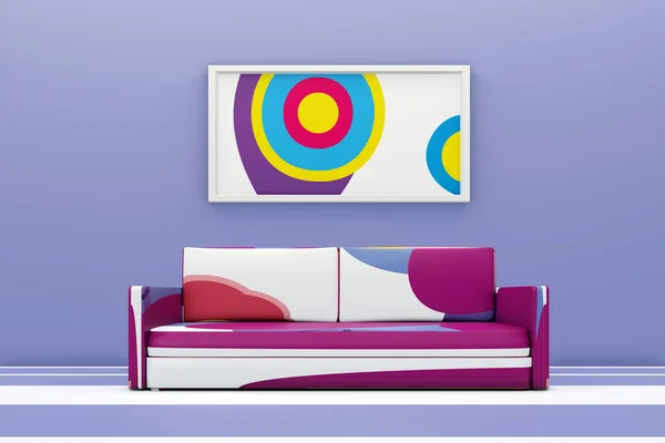 Abstrakt minimalistiskt vardagsrum med soffa och stor ram med färgglad bild. 3D-illustration — Stockfoto
