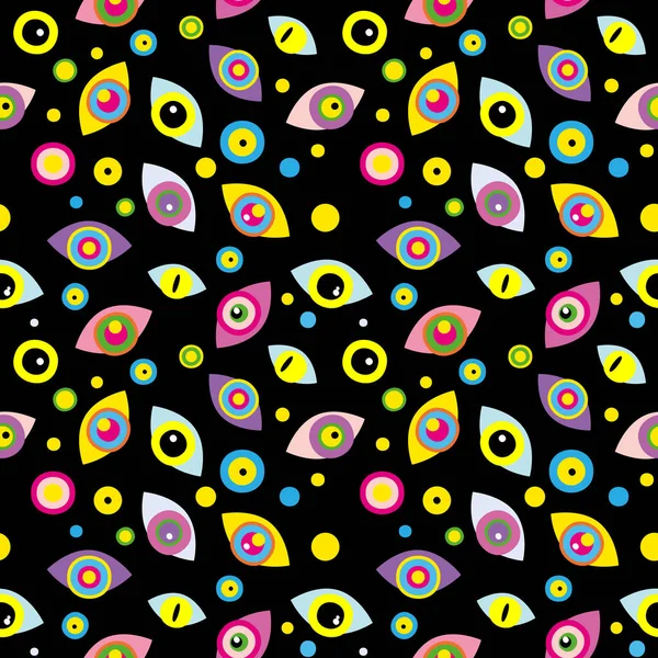 Nahtloses Muster mit bunten abstrakten Augen, Punkten auf schwarzem Hintergrund — Stockfoto
