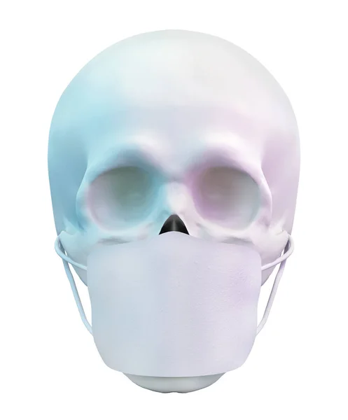 Crâne avec masque facial, vue de face, isolé sur blanc, masque médical réutilisable en tissu pour médecins et patients, rendu 3d — Photo