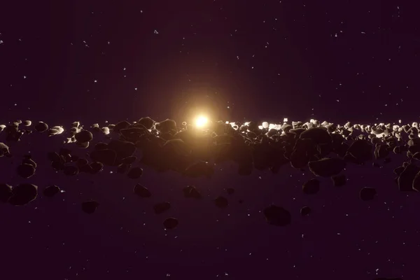 太空地平线上的许多小行星或陨石 以太阳为中心 3D渲染 — 图库照片