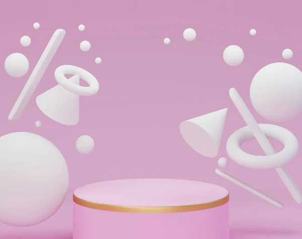 Подиумная Сцена Белыми Геометрическими Фигурами Розовом Фоне Пустой Стенд Макет — стоковое фото