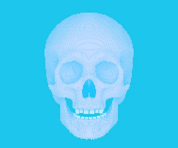 青い地にピクセル化またはブロック化された頭蓋骨3Dレンダリング — ストック写真