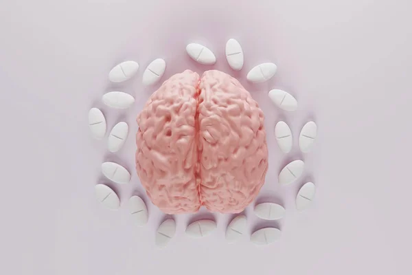 Otak Manusia Dikelilingi Oleh Pil Pada Latar Belakang Abu Abu — Stok Foto
