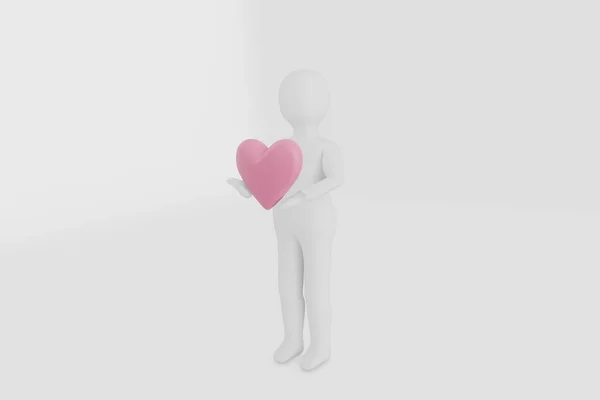 Manusia abstrak memegang hadiah jantung untuk 14 february mempersiapkan tanggal untuk pacarnya Sayang, 3d render — Stok Foto