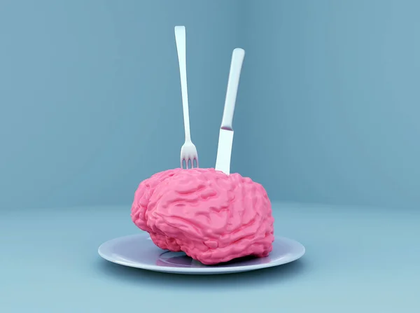 The human brain as food, abuse, love relationship or brainstorm or harmful information concept and etc. Human brain on a plate with a fork and a knife in it, 3d illustration