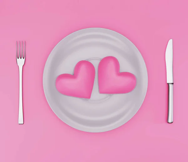 Két rózsaszín szív a tányéron, kés és villa a rózsaszín asztalon. Szerelmi kapcsolat koncepció. 3d illusztráció — Stock Fotó