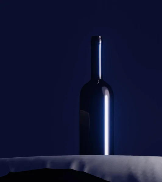 Bouteille en verre avec alcool sur la table avec nappe le soir, illustration 3d — Photo