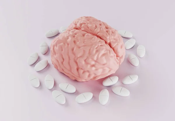 Otak manusia dikelilingi oleh pil pada latar belakang cahaya, nootropik untuk otak atau pil sakit kepala, obat untuk meningkatkan aktivitas otak, kecanduan pil, 3d render Stok Gambar