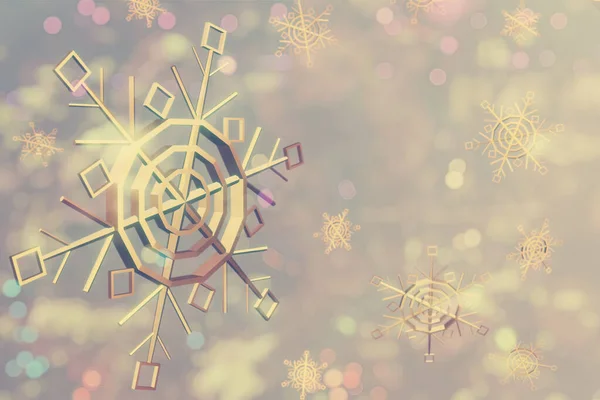 Indah Natal Kepingan Salju Emas Pada Latar Belakang Lampu Buram — Stok Foto
