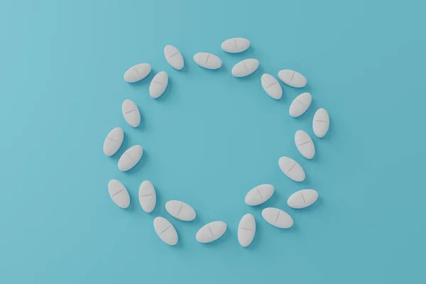 Las Pastillas Blancas Forman Círculo Mesa Azul Concepto Médico Farmacéutico — Foto de Stock